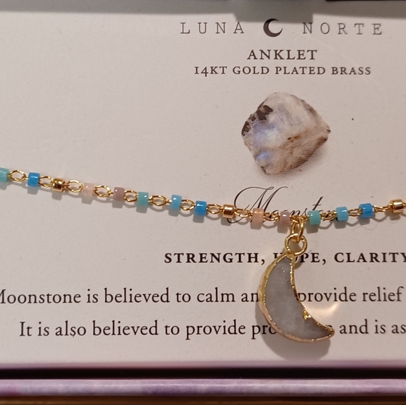 DOUBLE CHAIN LUNA NORTE MOONSTONE GEMSTONE BEADS CHARM ANKLET ONE SIZE FITS ALL - Picture 2 of 13